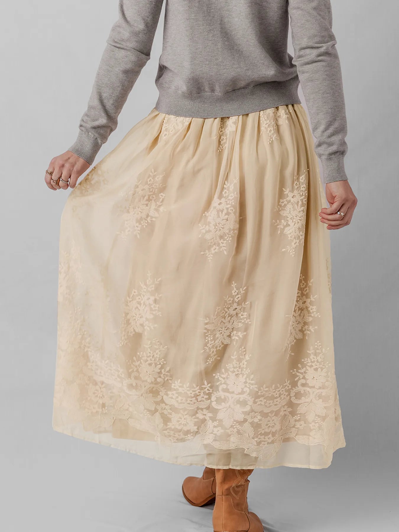 Embroidered Mesh Overlay Flowy Midi Skirt - cas7m