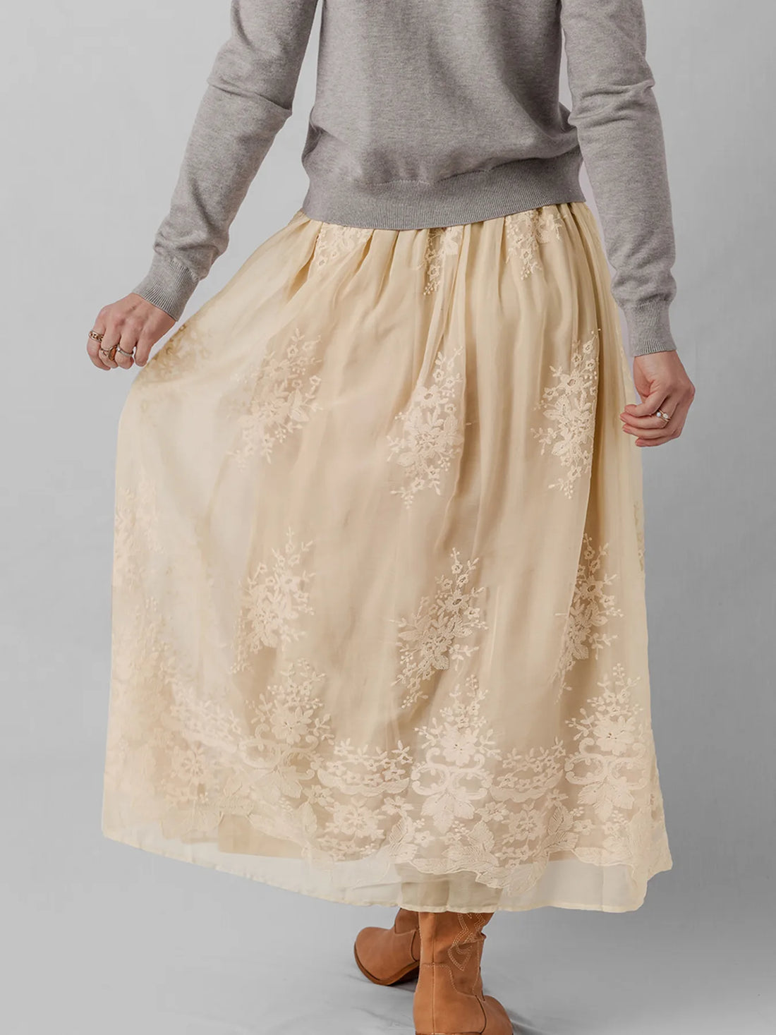 Embroidered Mesh Overlay Flowy Midi Skirt - cas7m