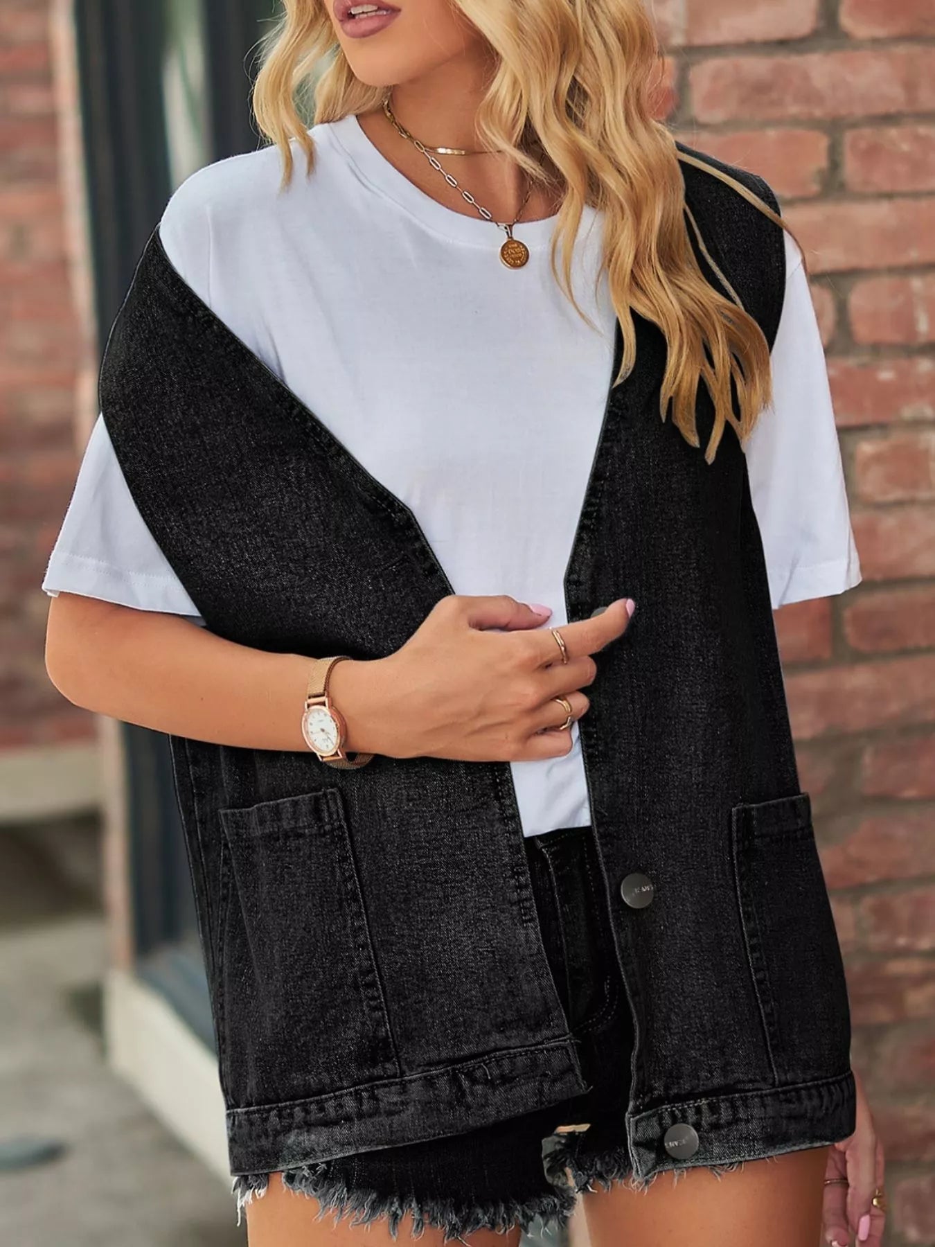 Sleeveless Button-Down Denim Jacket Vest - cas7m