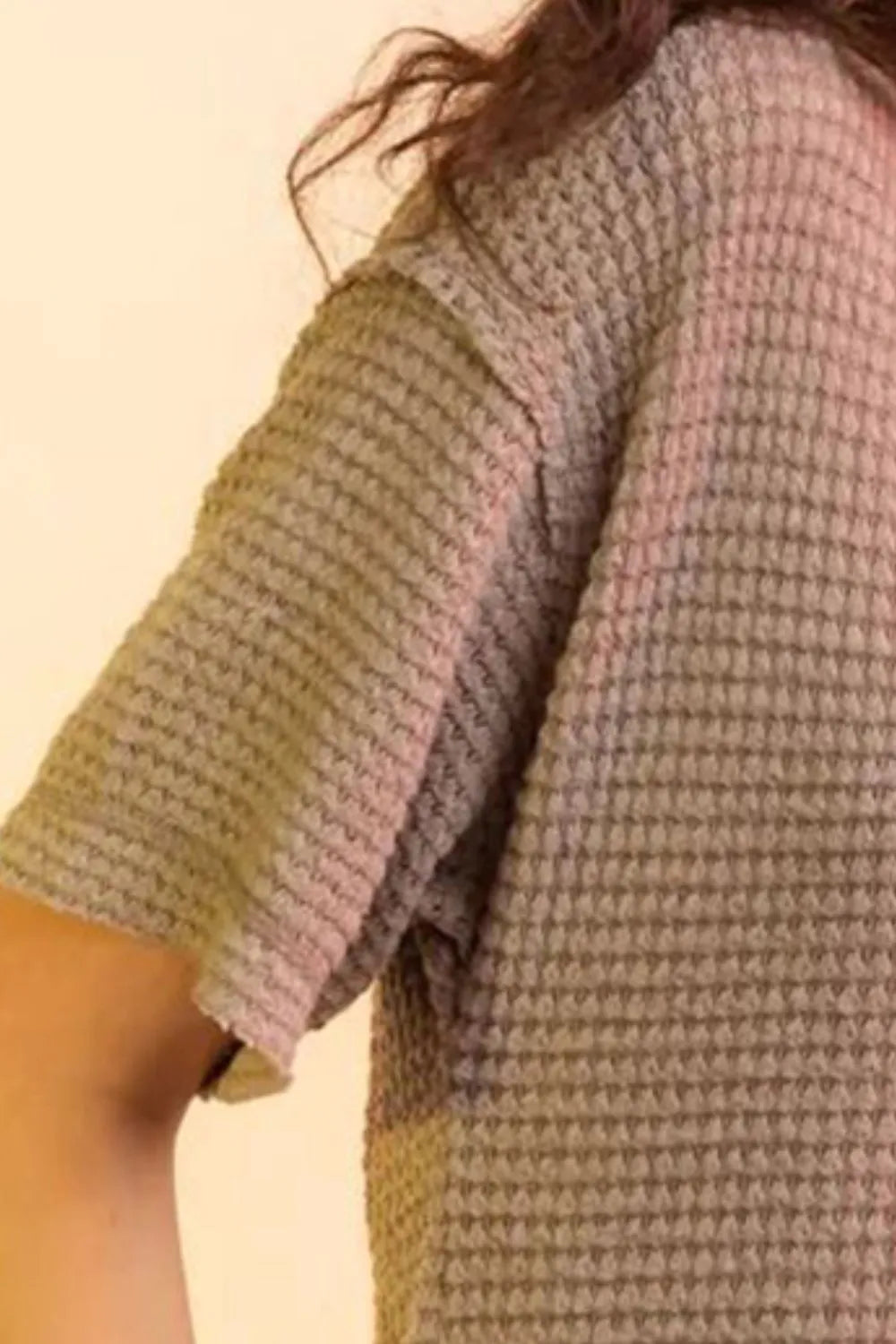 Waffle-Knit Notched Half Sleeve T-Shirt - cas7m