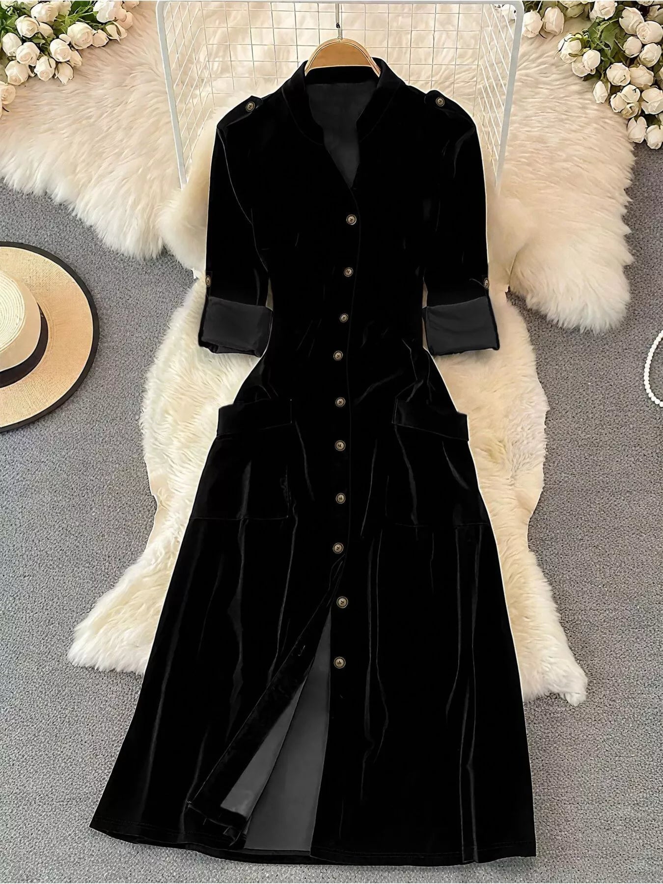 Velvet Button-Down Midi Dress - cas7m