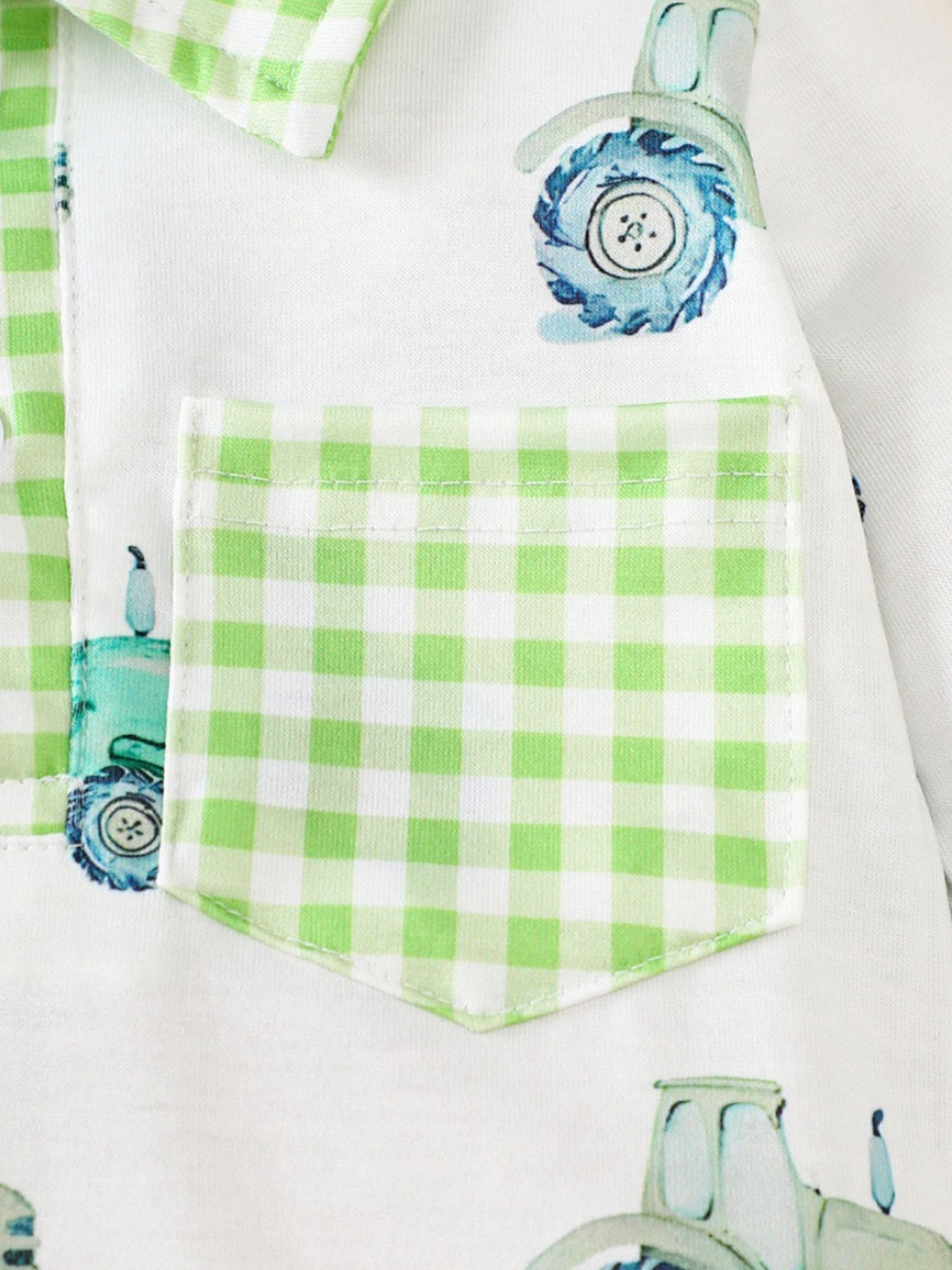 Children's Tractor Print Gingham Trim Baby One-Piece - cas7m