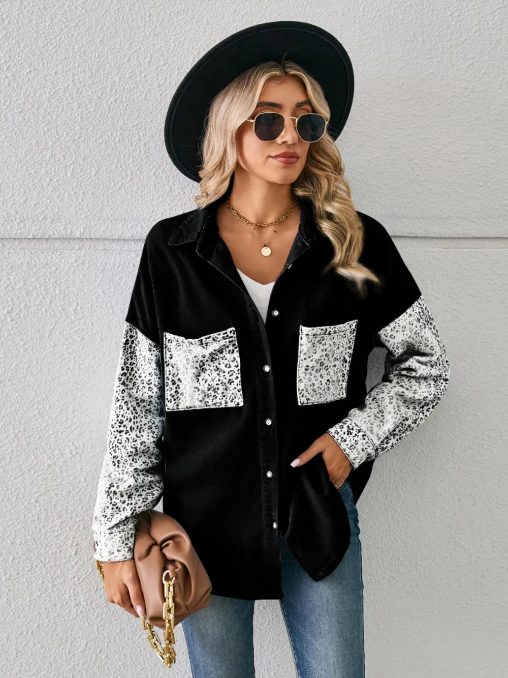 Leopard Button Up Denim Jacket - cas7m