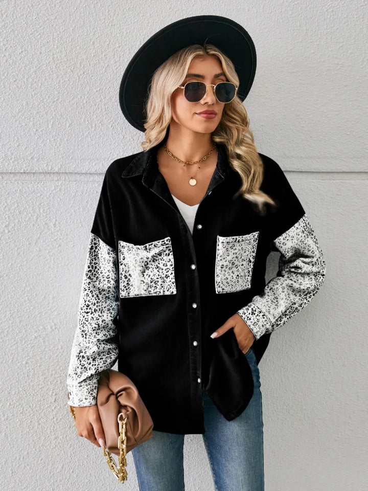 Leopard Button Up Denim Jacket - cas7m