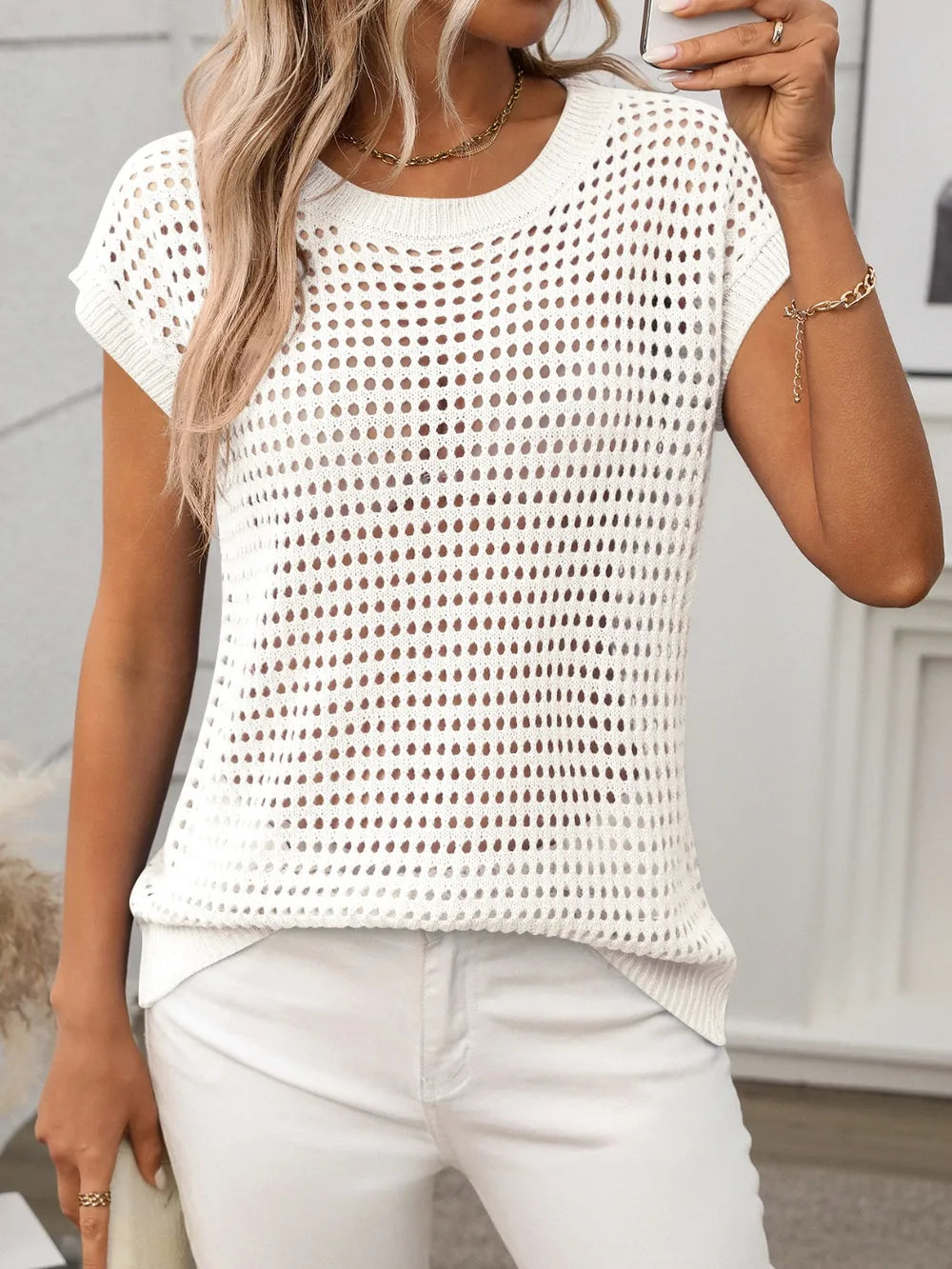 Openwork Round Neck Short Sleeve Knit Cover Up - cas7m