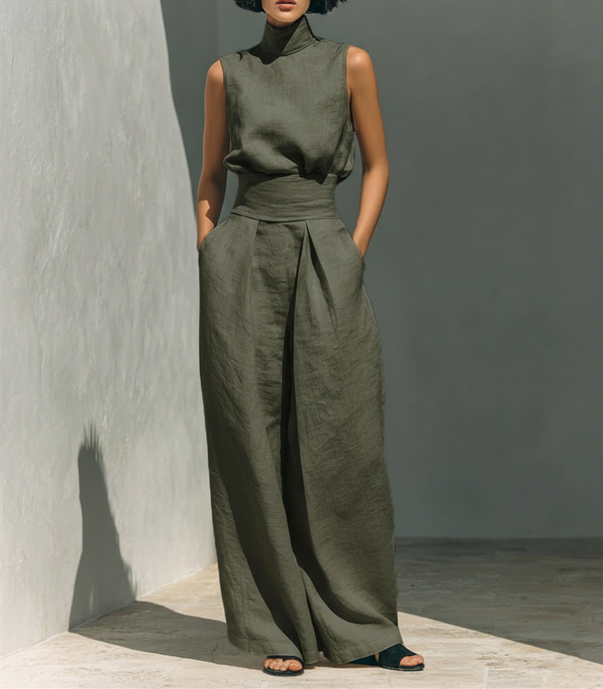 Casual Sleeveless Suit Summer Stand-up Collar Pullover Top And Loose Straight-leg Trousers Women's Clothing - cas7m