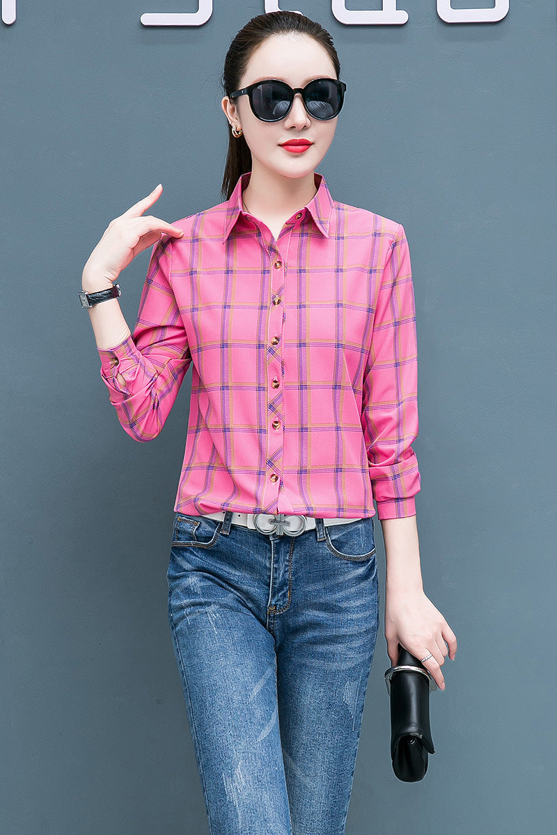 Women's Long Sleeve Cotton Plaid Shirt for Work
