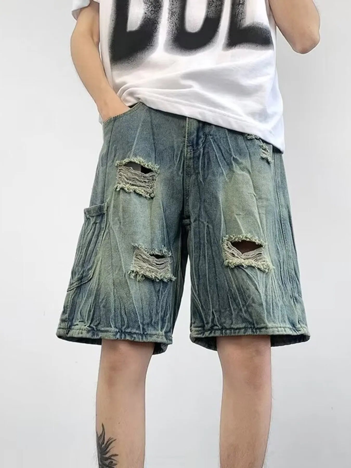 Men's Plus Size Distressed Wide Leg Denim Shorts - cas7m