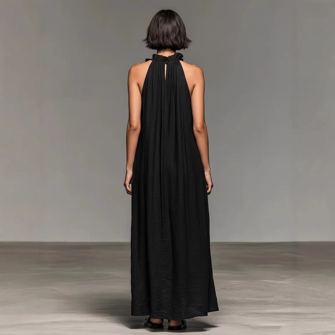 Resort Style Ruffled Halter Neck Sleeveless Maxi Dress - Loose Fit Flattering Flowy Skirt For Party Evening Gown - cas7m