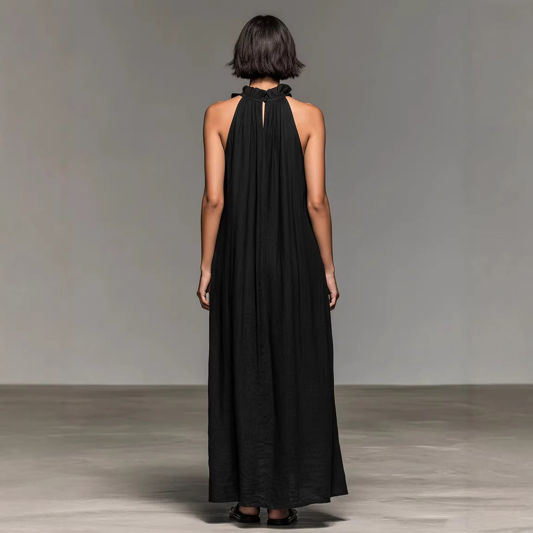 Resort Style Ruffled Halter Neck Sleeveless Maxi Dress - Loose Fit Flattering Flowy Skirt For Party Evening Gown - cas7m