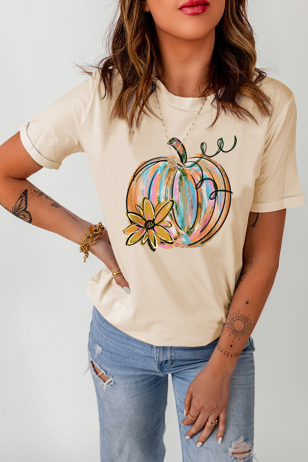 Pumpkin Graphic Round Neck T-Shirt - cas7m
