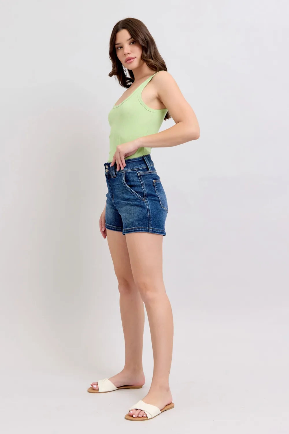 High-Waist Double-Button Denim Shorts - Stylish & Comfortable Fit - cas7m