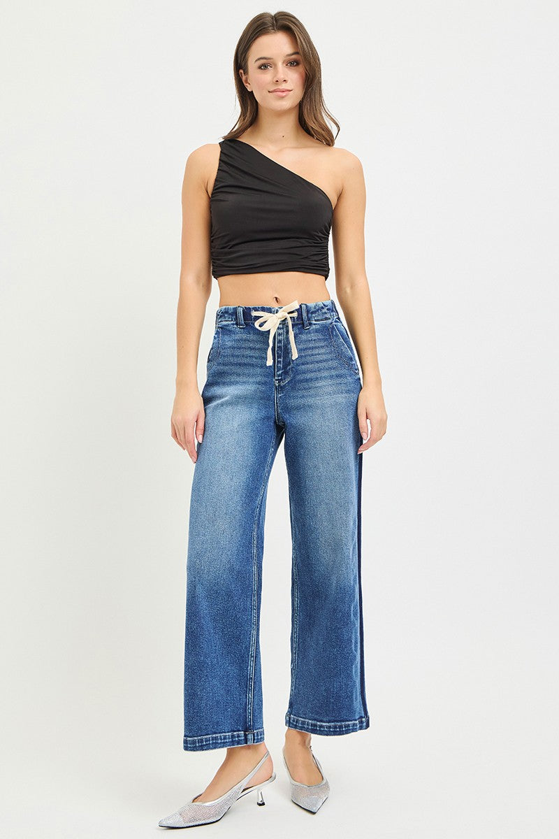 RISEN Elastic Band High Rise Cropped Wide Jeans - cas7m