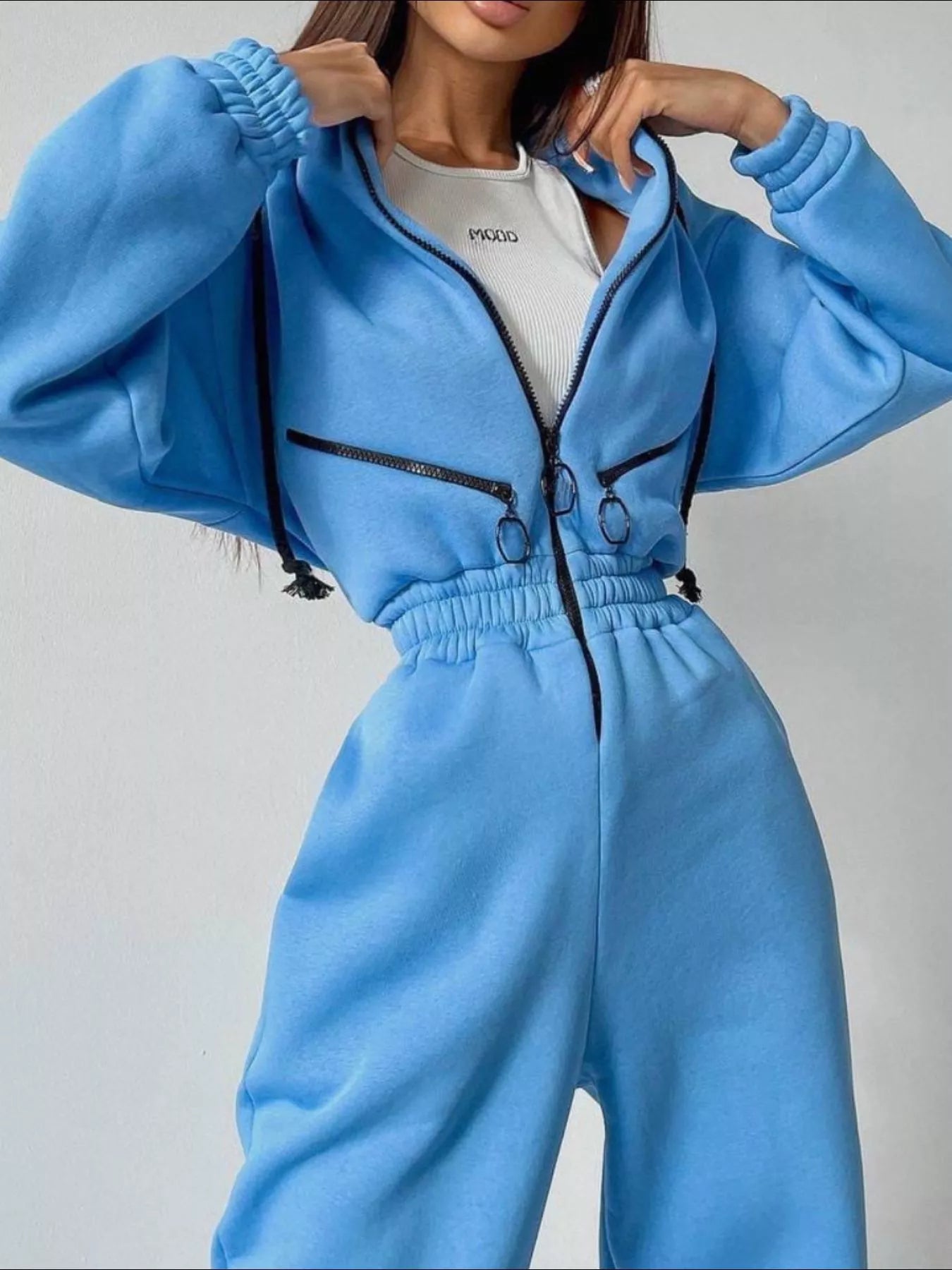 Hooded Zip-Up Long Sleeve Jumpsuit - cas7m