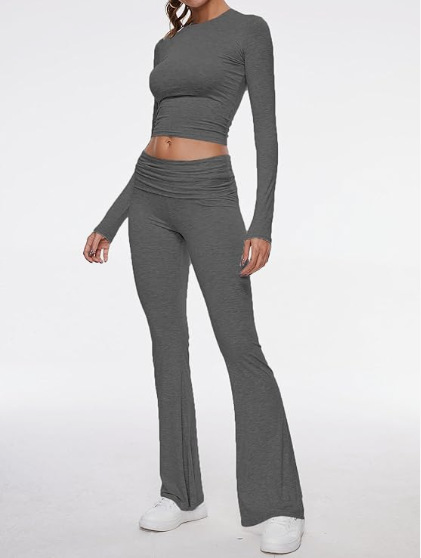 Women's Round Neck Bell-Bottom Pants Suit - cas7m
