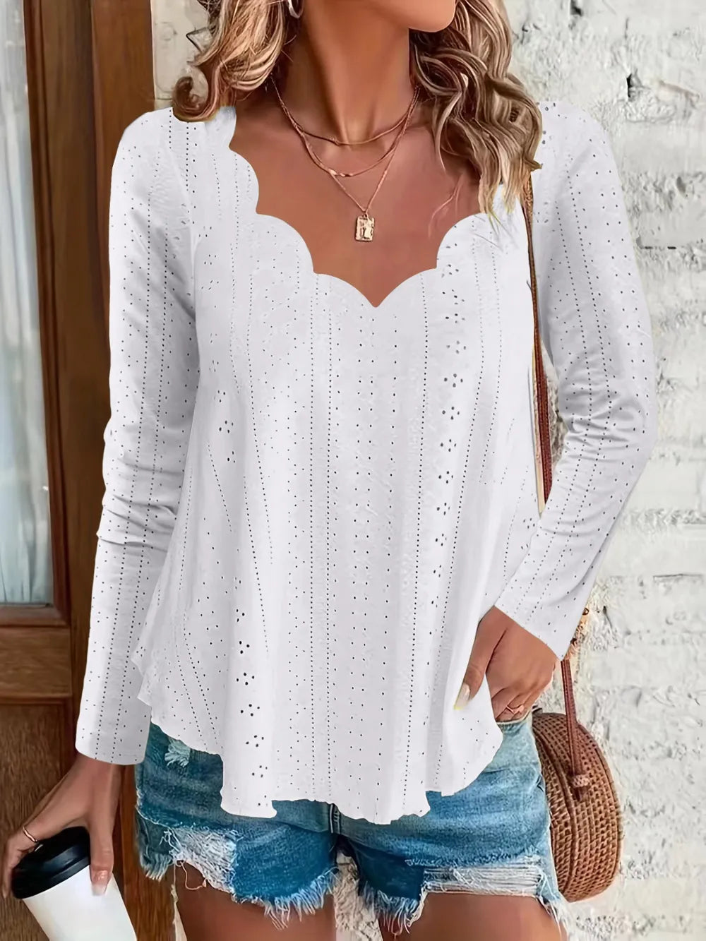 Eyelet Long Sleeve Blouse - cas7m