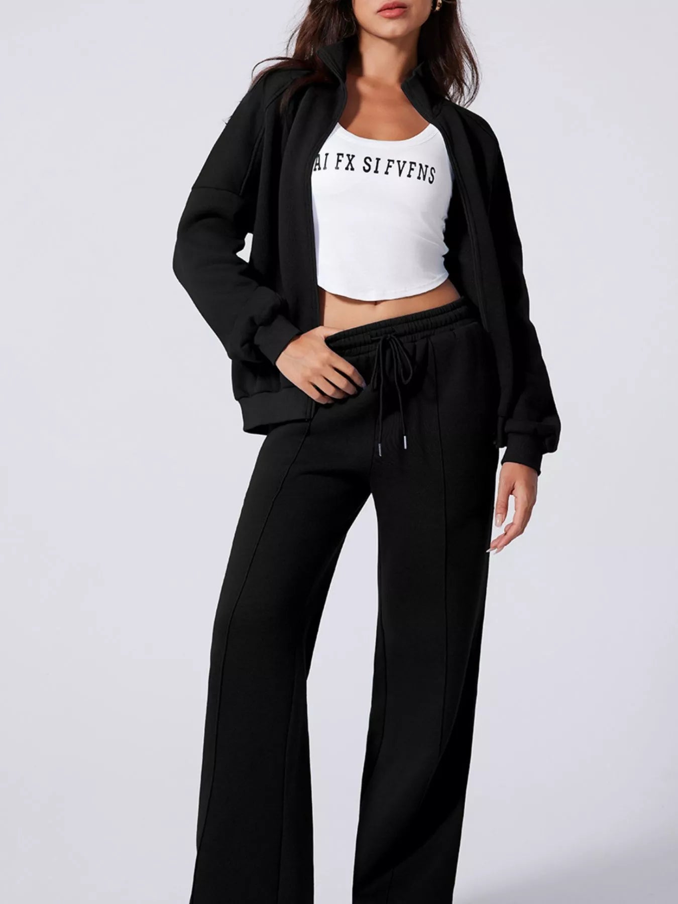 Drop Shoulder Zip Up Jacket and Drawstring Pants Active 2pcs Set - cas7m