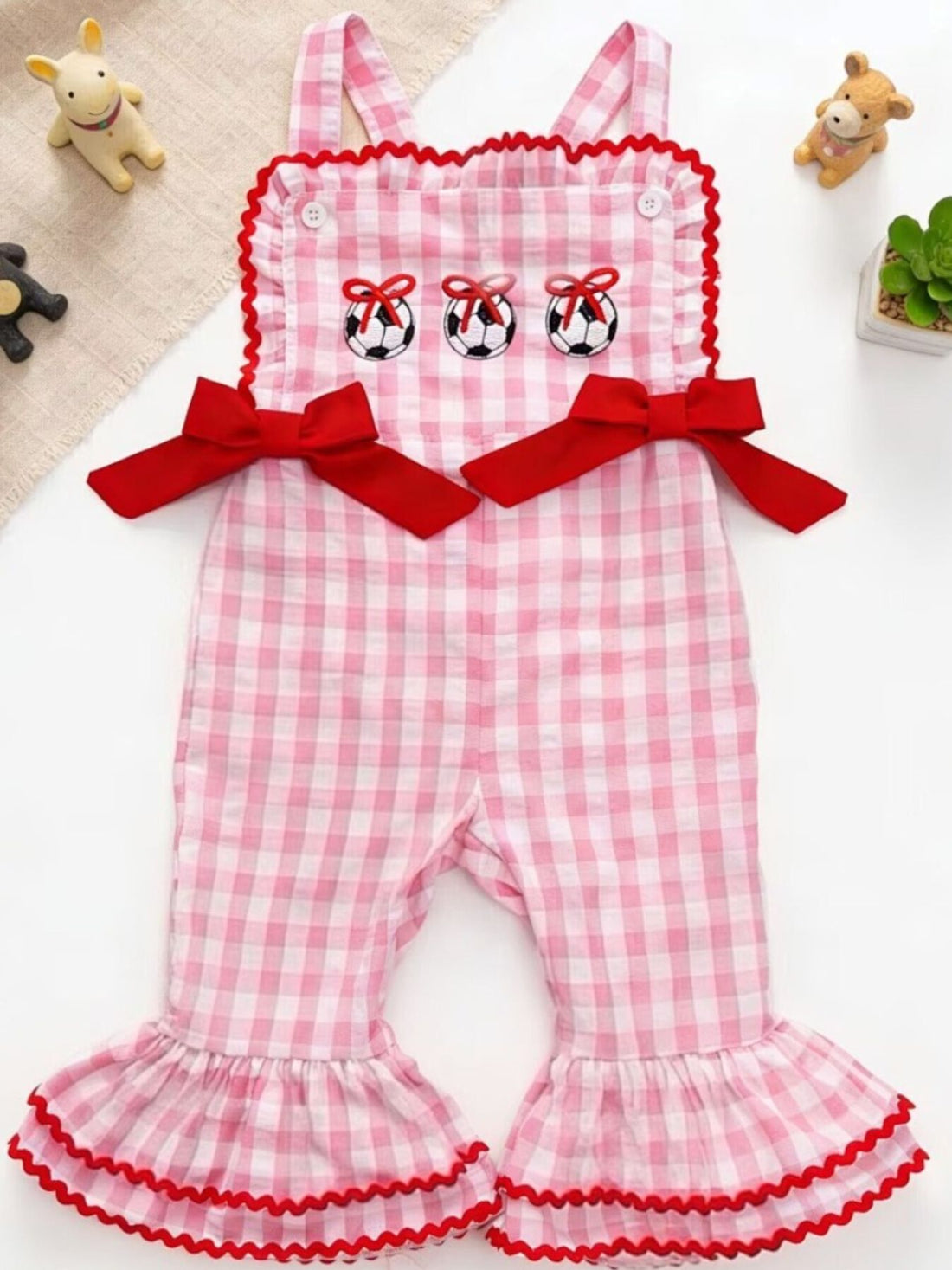 Children's Gingham Soccer Ball Embroidered Ruffle Hem Jumpsuit - cas7m
