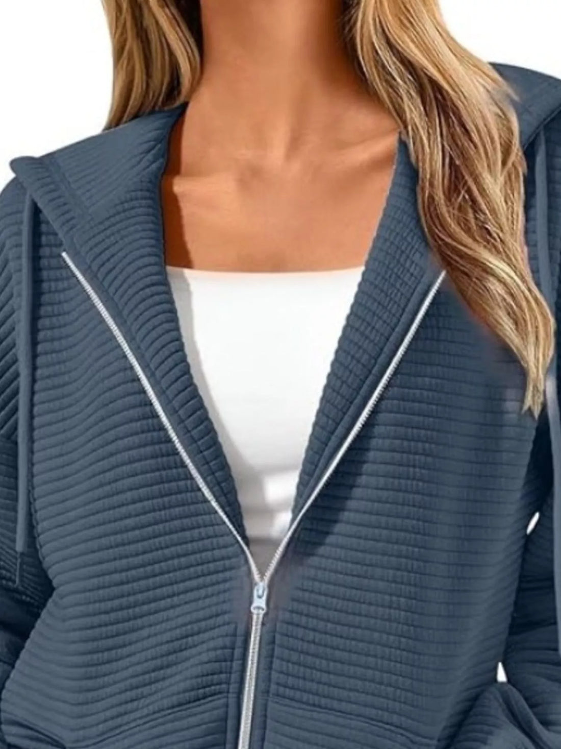 Drawstring Zip Up Dropped Shoulder Hoodie - cas7m
