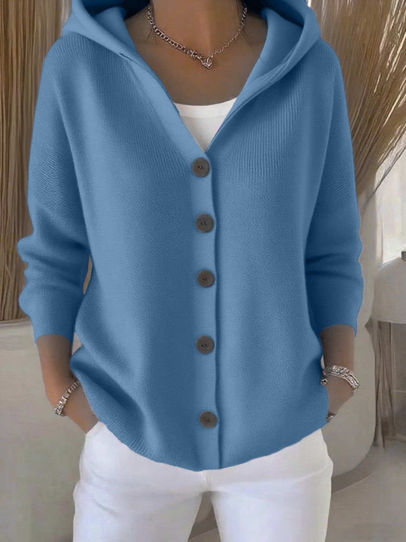 Ins Button Hooded Sweater Fashion Autumn And Winter Knitted Cardigan Casual Commuter Long Sleeve Top Women's Clothing - cas7m