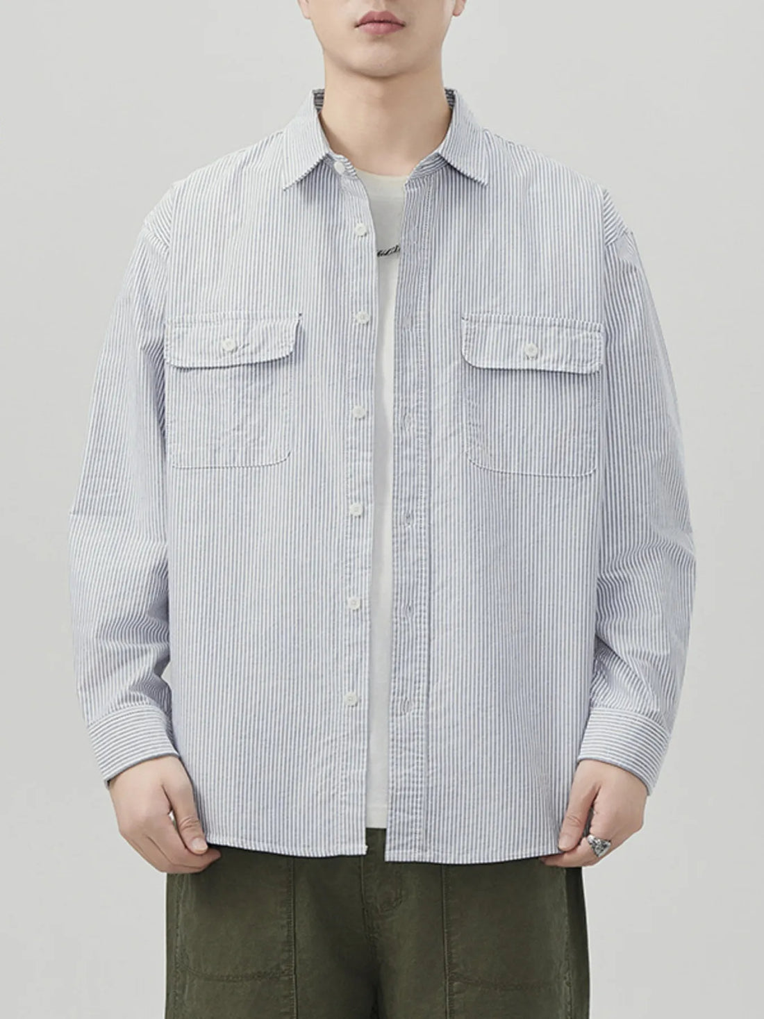 Men's Plus Size Striped Button Up Long Sleeve Shirt - cas7m