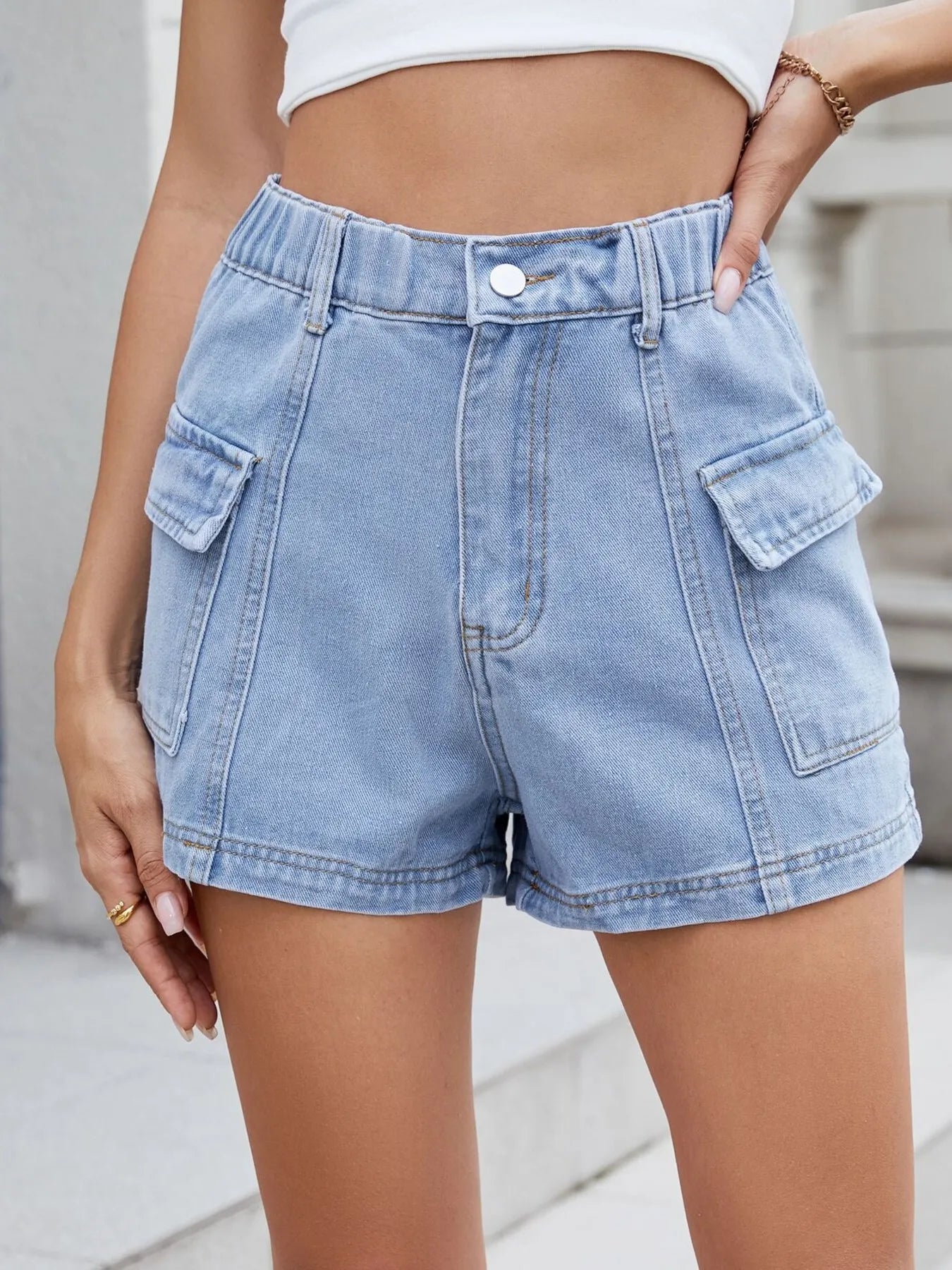 High Waist Cargo Denim Shorts - cas7m