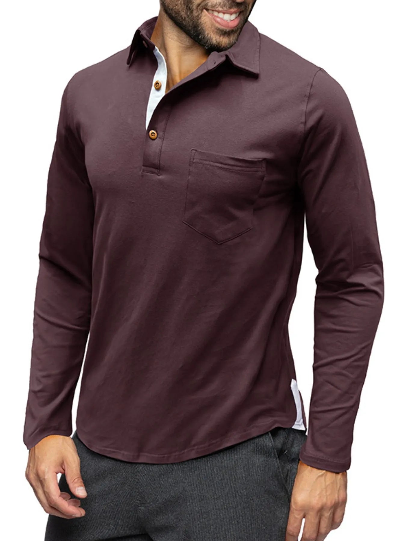 Men's Long Sleeve Polo Shirt with Chest Pocket - cas7m