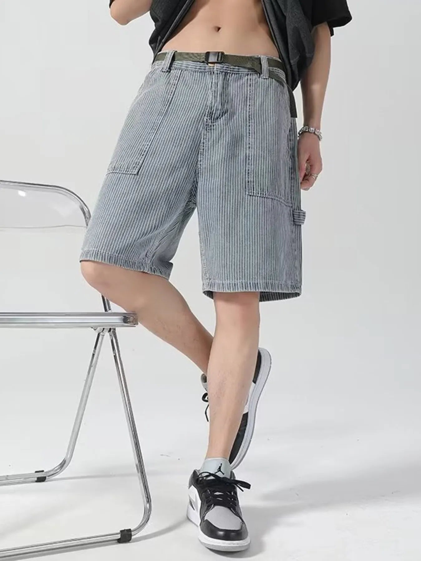 Men's Plus Size Striped Loose Fit Denim Shorts - cas7m