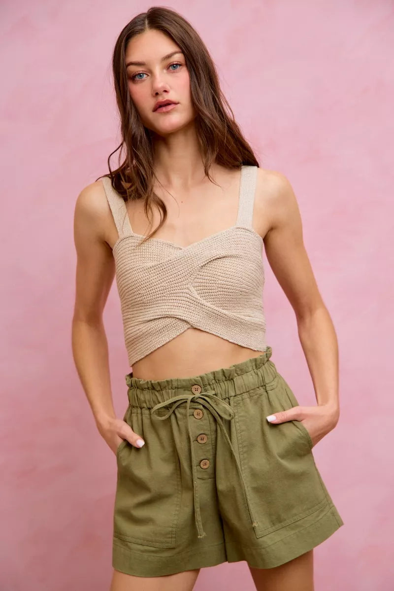SO ME Paper Bag Patch Pocket Drawstring Twill Shorts - cas7m