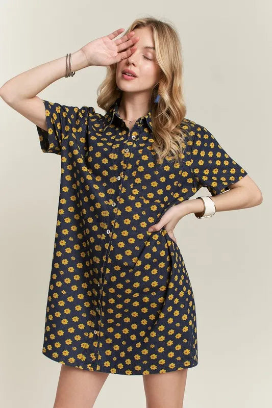 ADORA Floral Button-Up Mini Denim Dress - cas7m