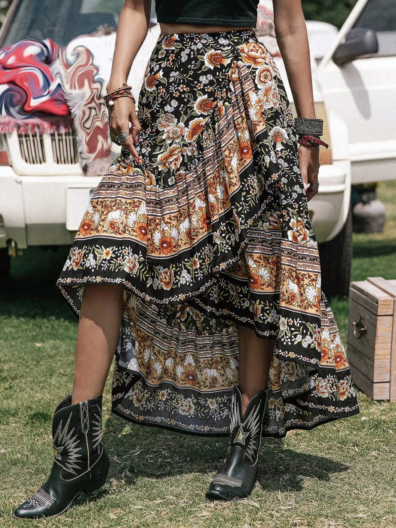 Plus Size Boho Floral Print High-Low Skirt - cas7m