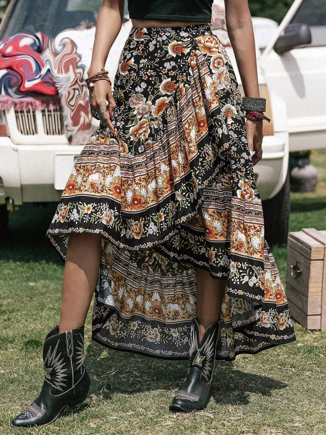 Plus Size Boho Floral Print High-Low Skirt - cas7m