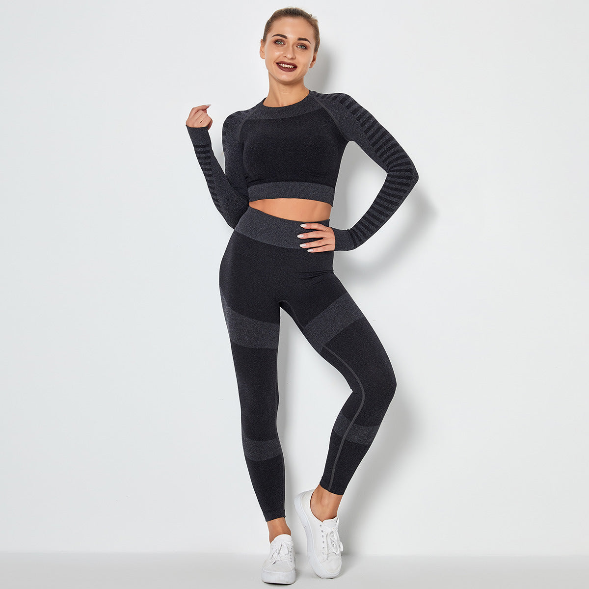 Seamless High-Stretch Yoga Set with Long Sleeve Top - cas7m