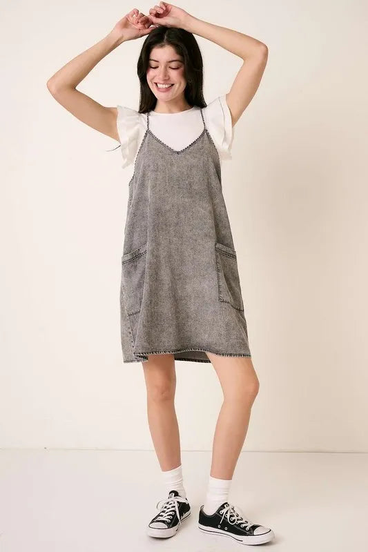 Mittoshop Washed Patch Pocket Mini Cami Denim Dress - cas7m