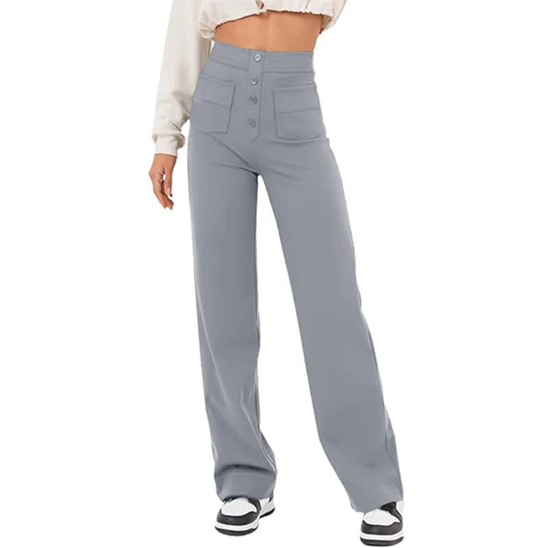 High Waist Trousers With Pockets Casual Loose Wide Leg Button Straight Pants Women's Clothing - cas7m
