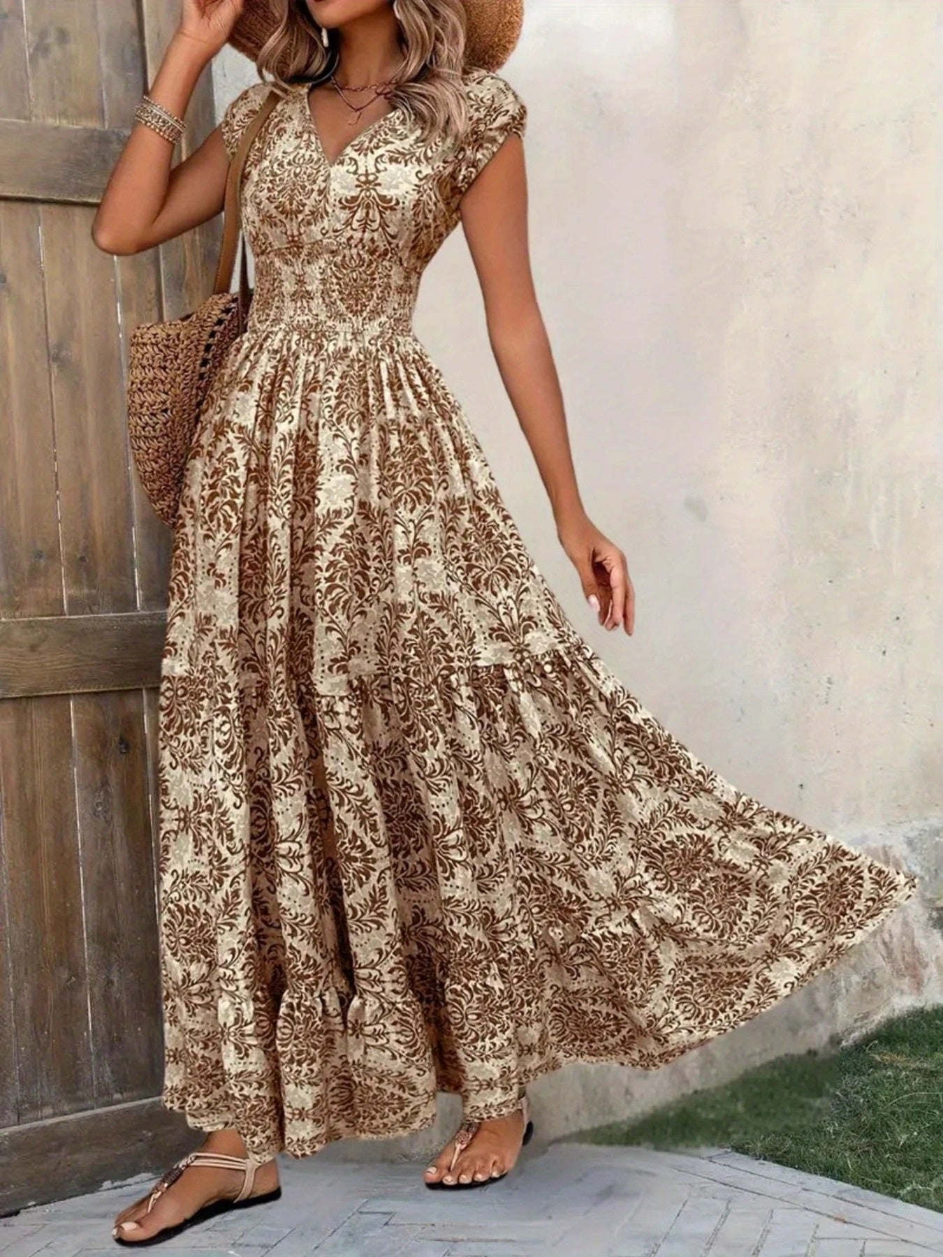 Printed Cap Sleeve Maxi Dress - cas7m