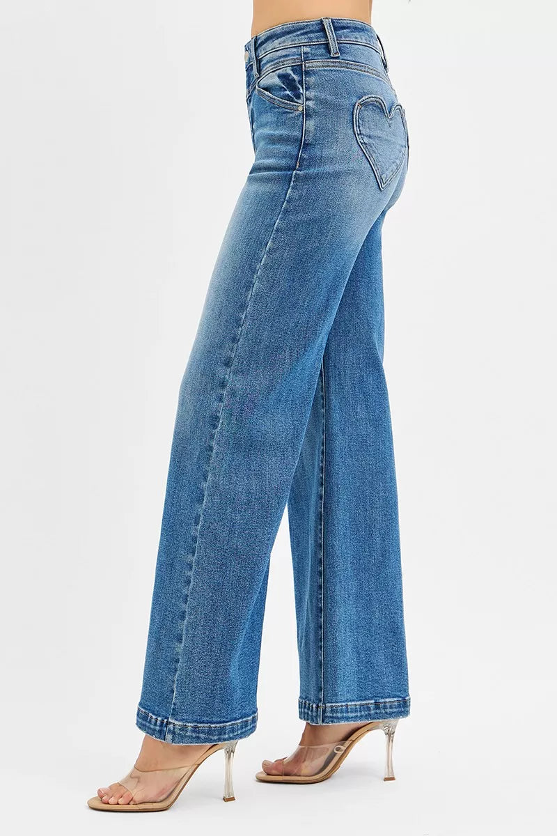 RISEN High Rise Wide Leg Jenas with Front Yoke and Heart Back Pocket - cas7m