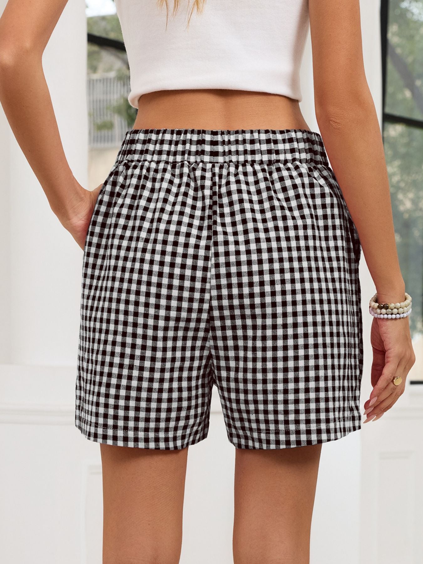 Gingham Elastic Waist Casual Shorts - cas7m