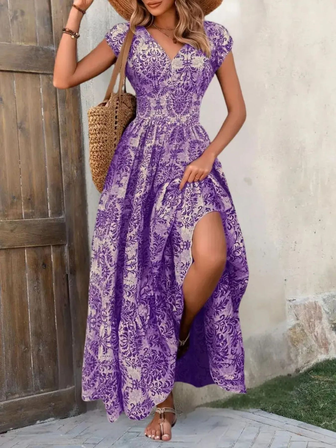 Printed Cap Sleeve Maxi Dress - cas7m