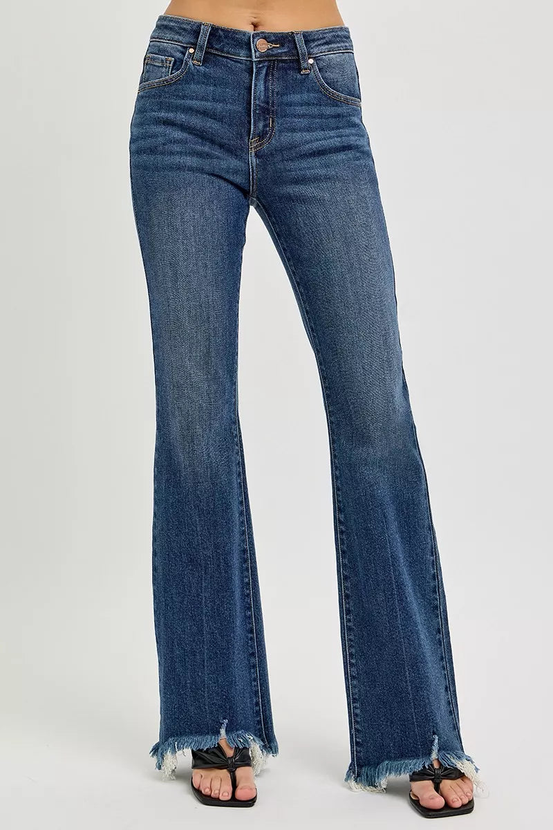 RISEN Full Size Mid Rise Flare Frayed Hem Jeans Plus Size - cas7m