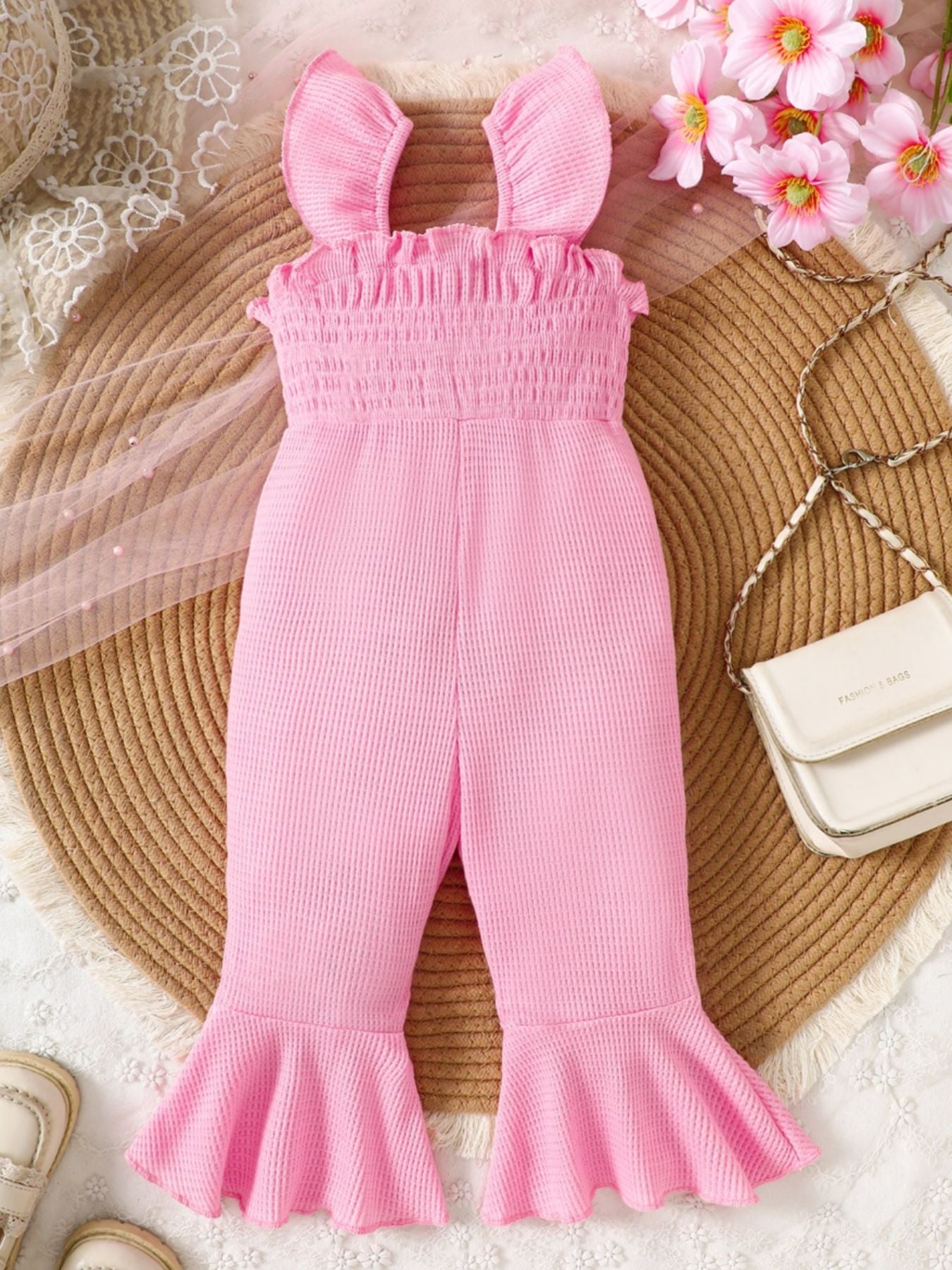 Children's Floral Decor Smocked Ruffle Hem Jumpsuit - cas7m
