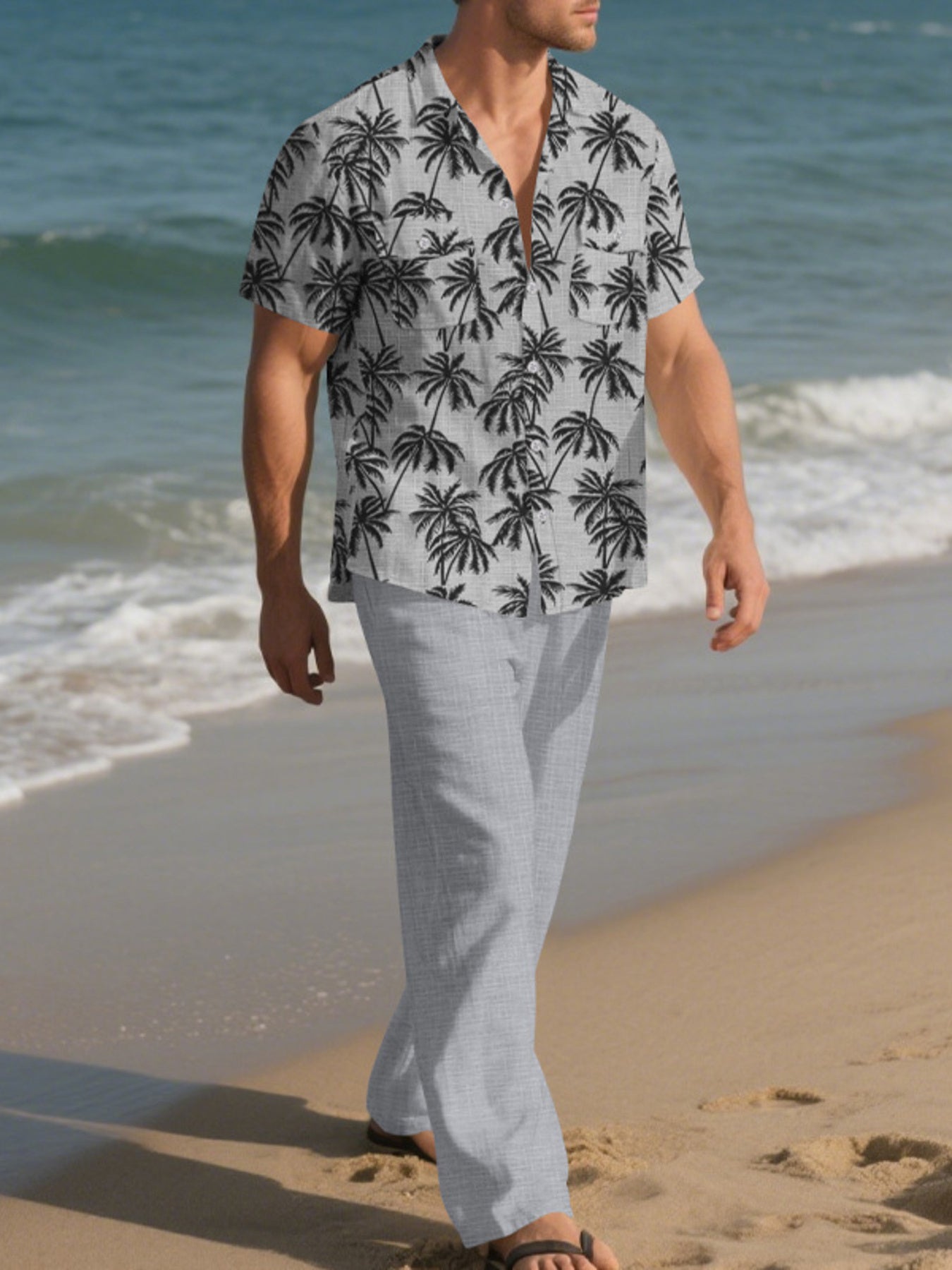 Men's Full Size Tropical Palm Print Button Up Shirt and Pants Set Plus Size - cas7m
