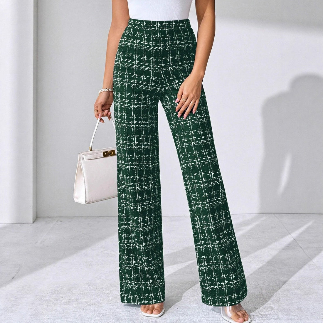 Woven Plaid High Waist Straight Women's Pants - cas7m
