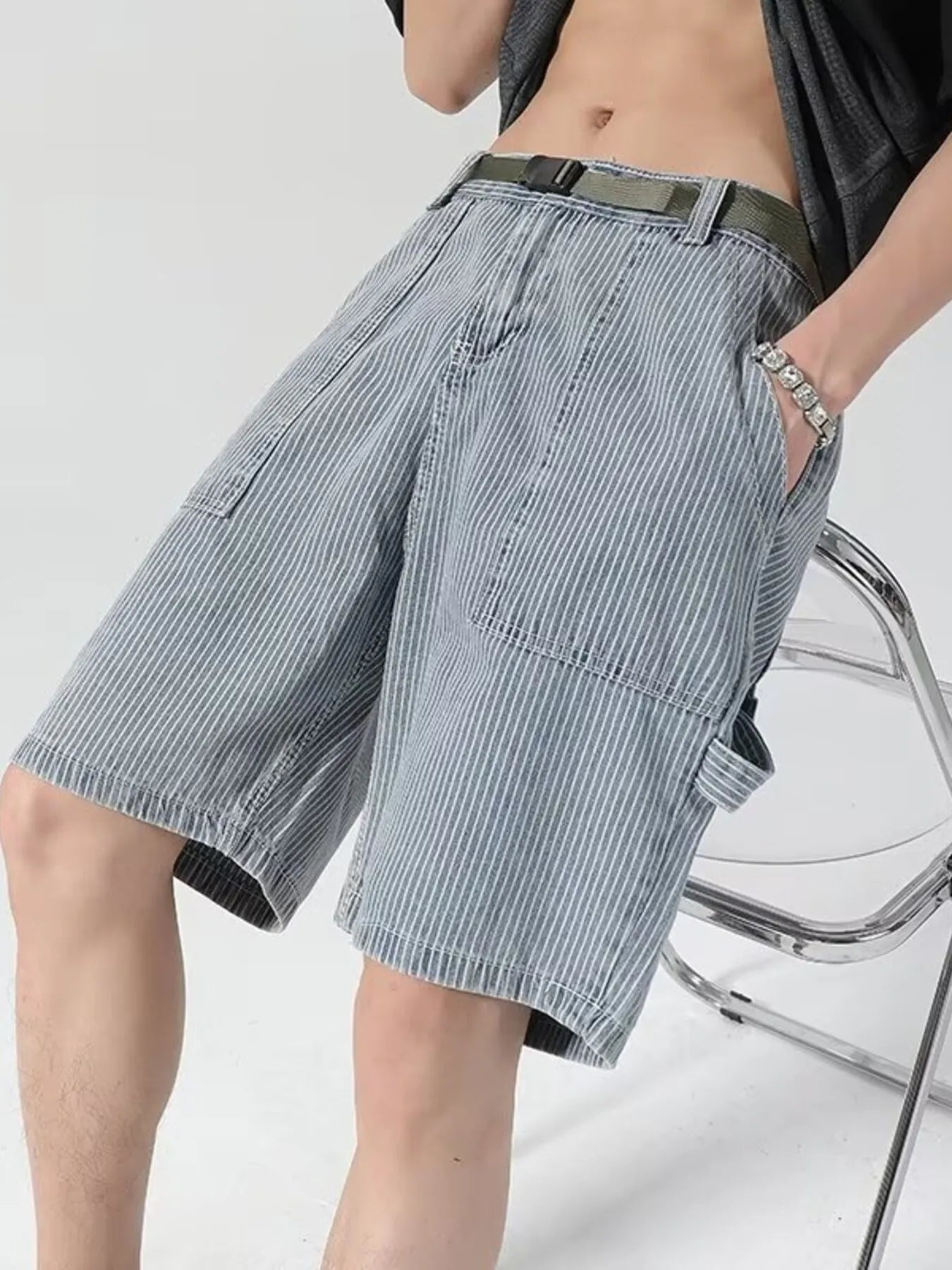 Men's Plus Size Striped Loose Fit Denim Shorts - cas7m