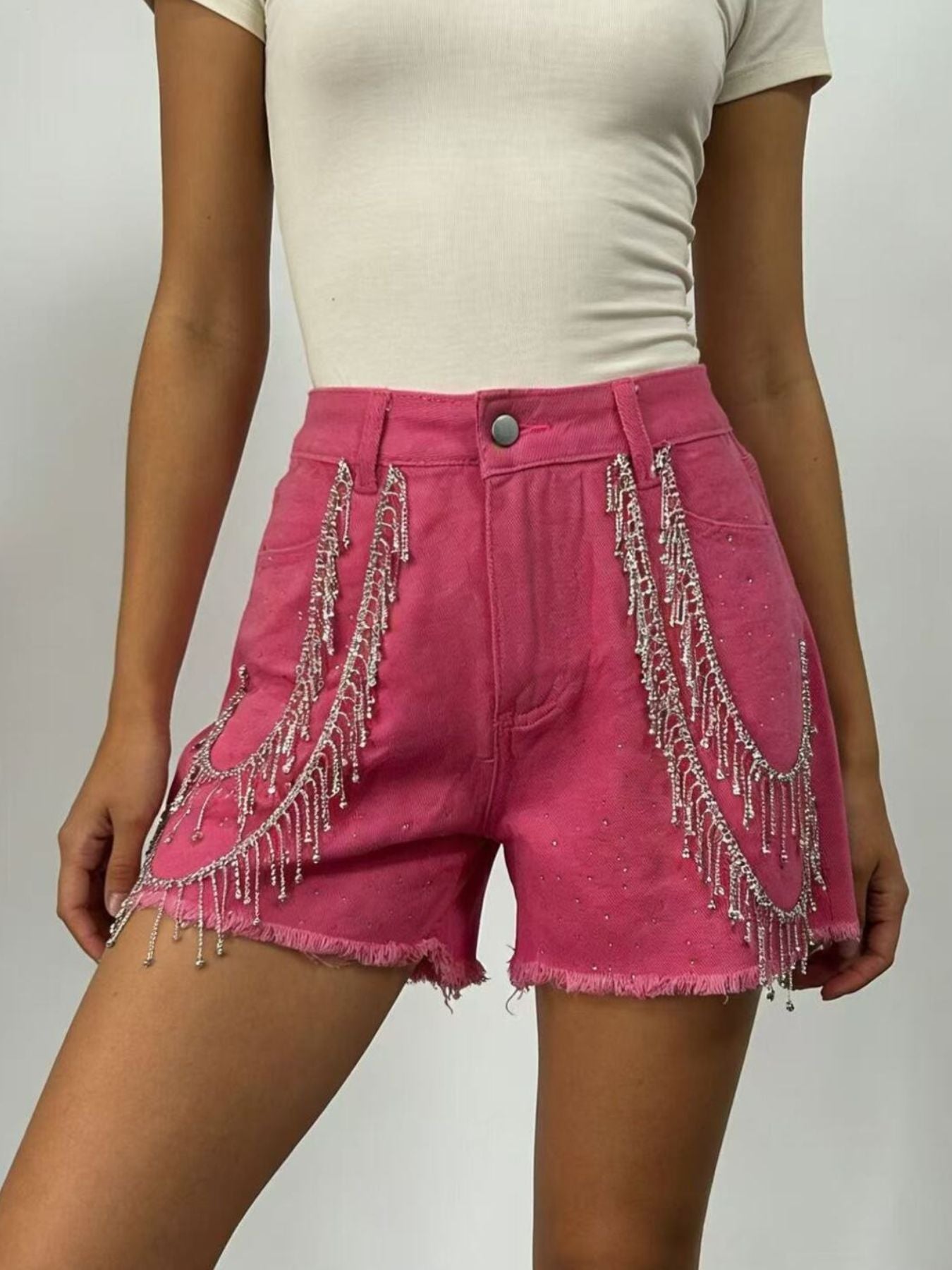 Rhinestone Chain Raw Hem Denim Shorts - cas7m