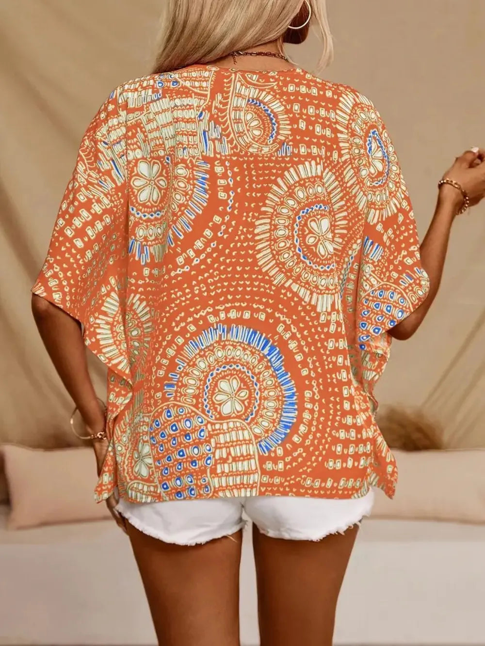 Printed V-Neck Half Sleeve Top - cas7m