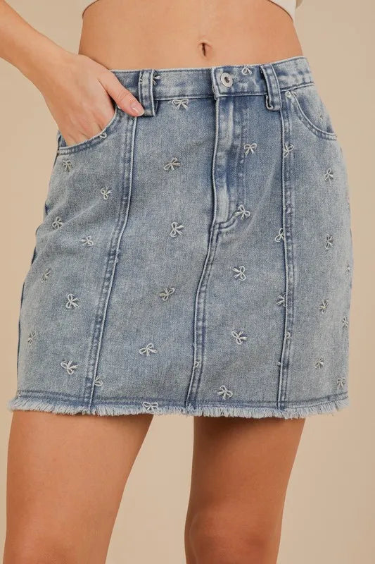 VERY J Bow Printed Casual Denim Mini Skirt - cas7m