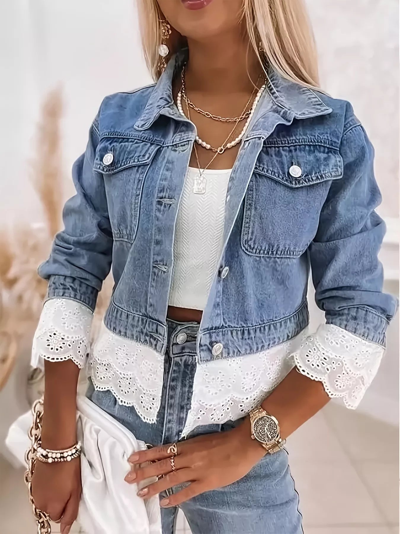 Cropped Denim Jacket with Lace Trim - cas7m