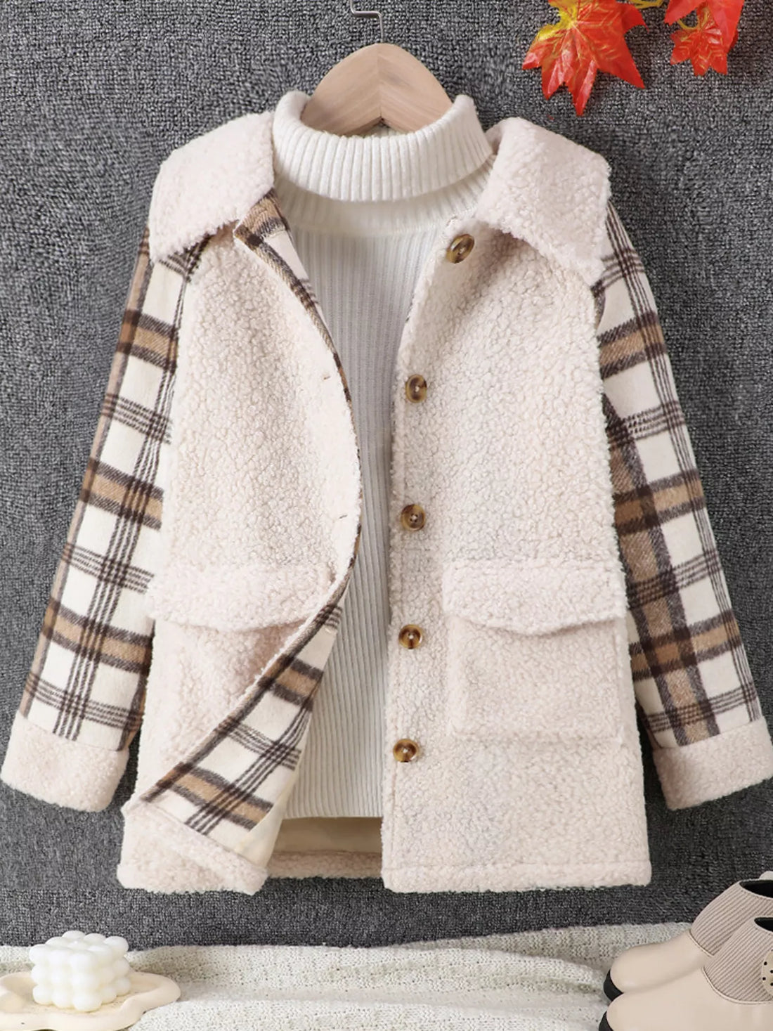 Children's Cozy Plaid Sleeve Fleece Jacket - cas7m