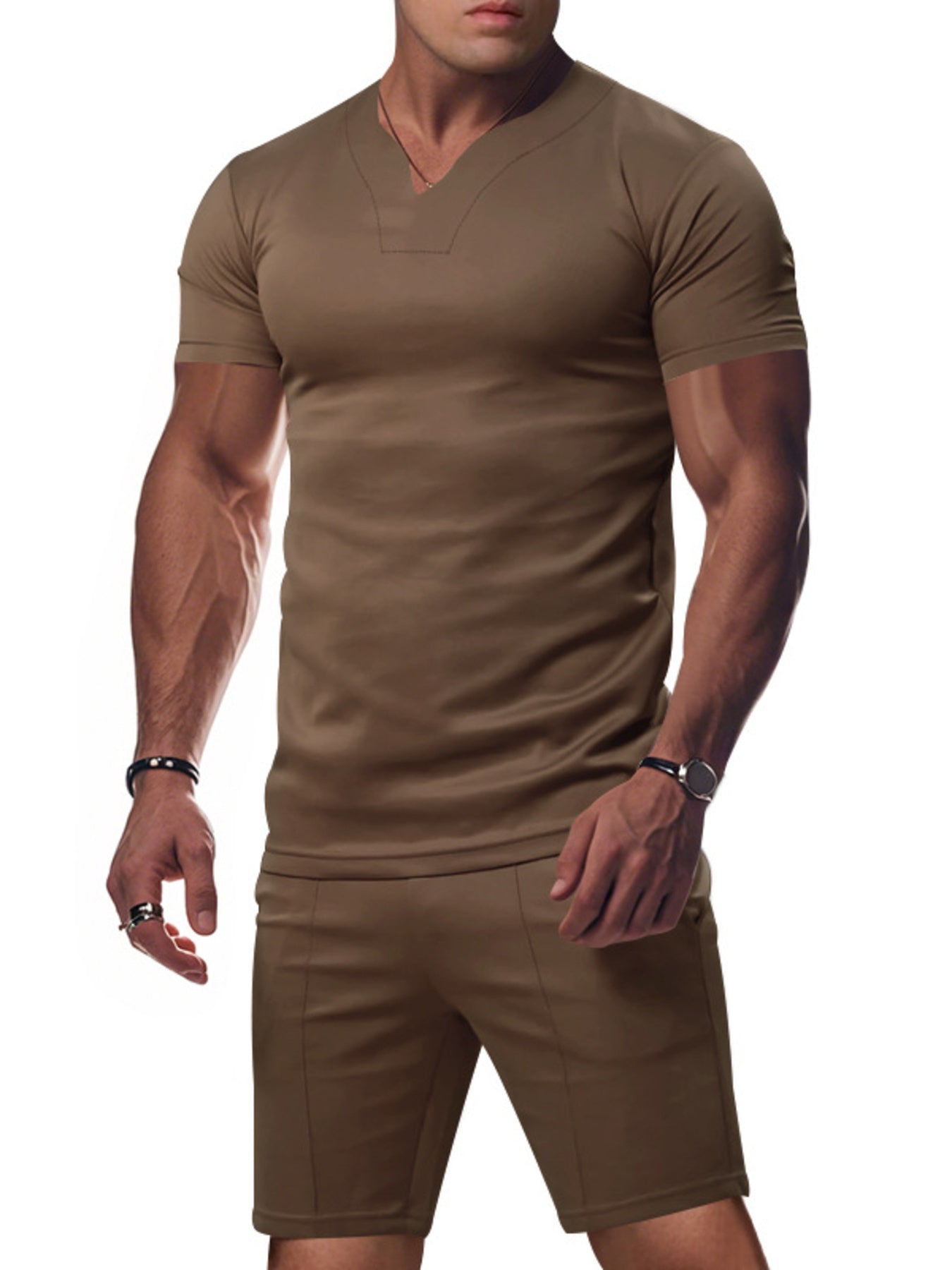 Men's Full Size V-Neck Short Sleeve T-Shirt and Shorts Set Plus Size - cas7m